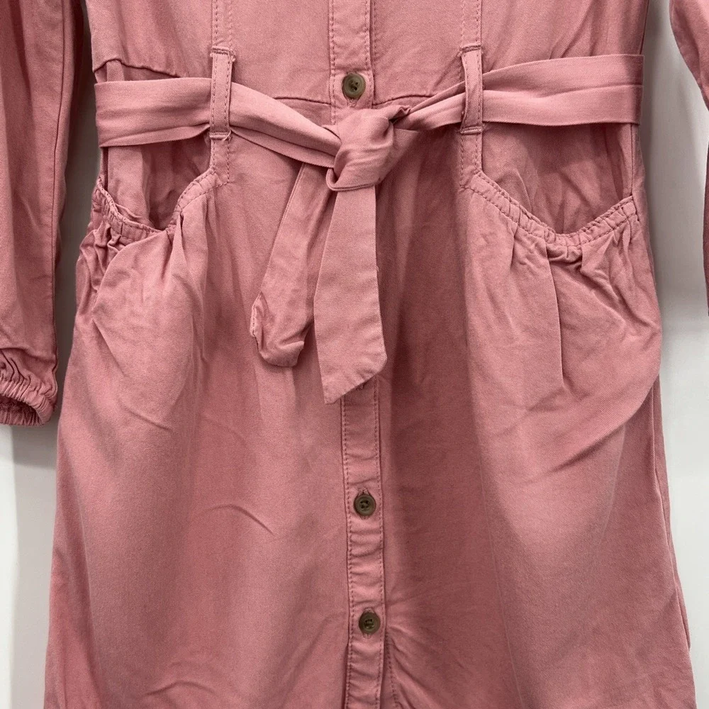 Old Navy Button Up Shirt Dress Belted Balloon‎ Sleeves Sz 5T Pink Pockets